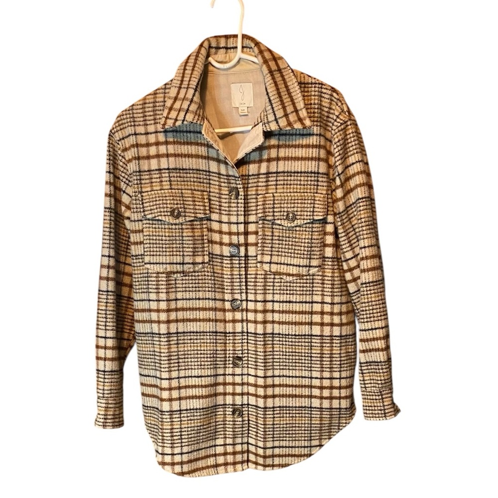 Joie Wool Blend Plaid Shacket Coat Beige Large - Picture 3 of 6